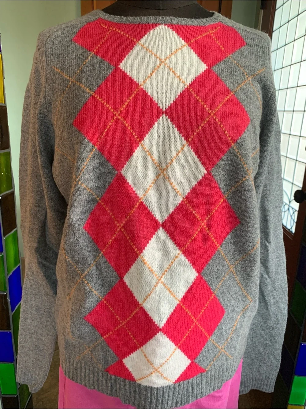 J CREW 100% LAMBS WOOL ARGYLE PULLOVER SWEATER NWT XL Women's Gray  Pink Diamond